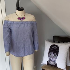 Zara white/blue striped off the shoulder blouse